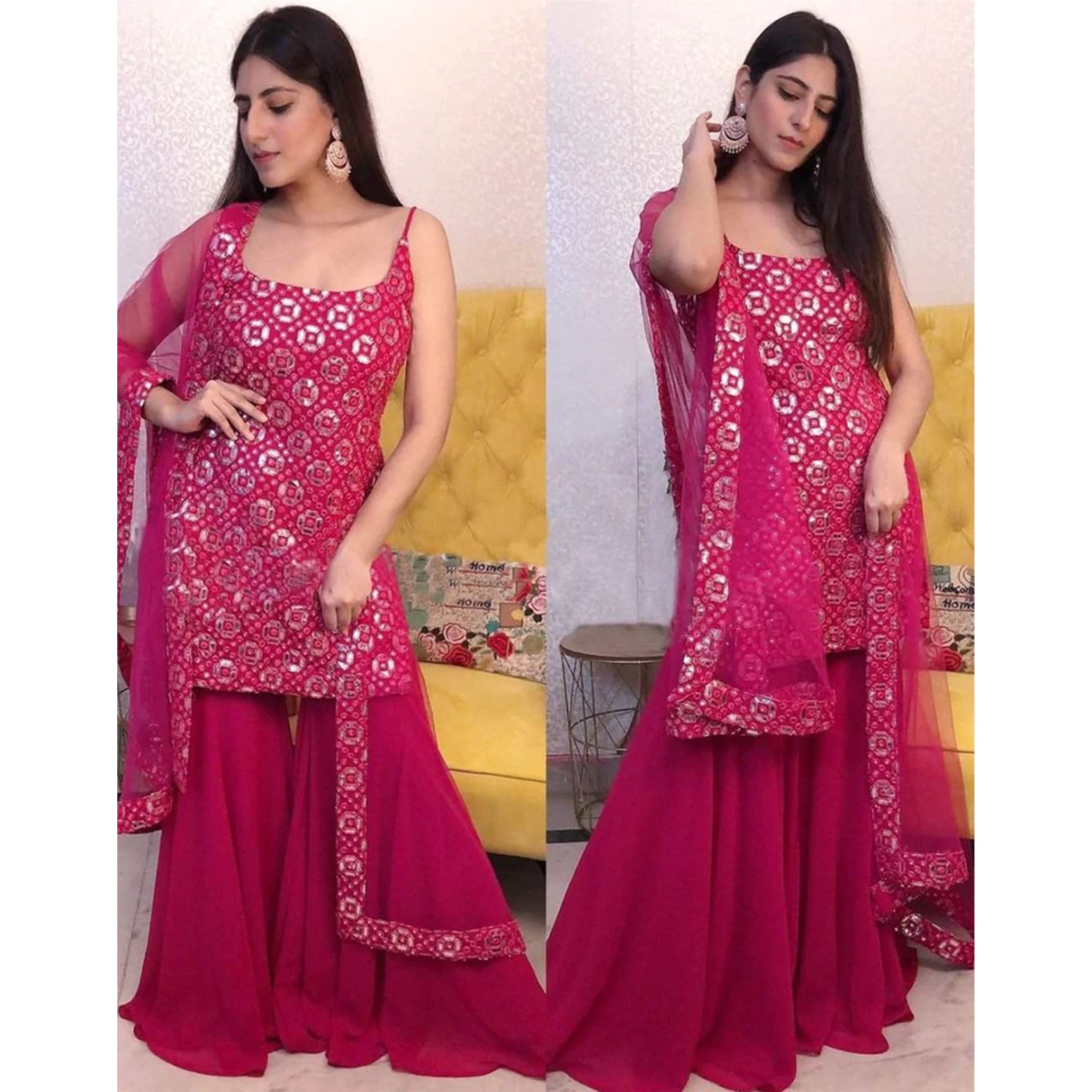 Pink Georgette Salwar Suit with Resham and Mirror Work ClothsVilla Main image