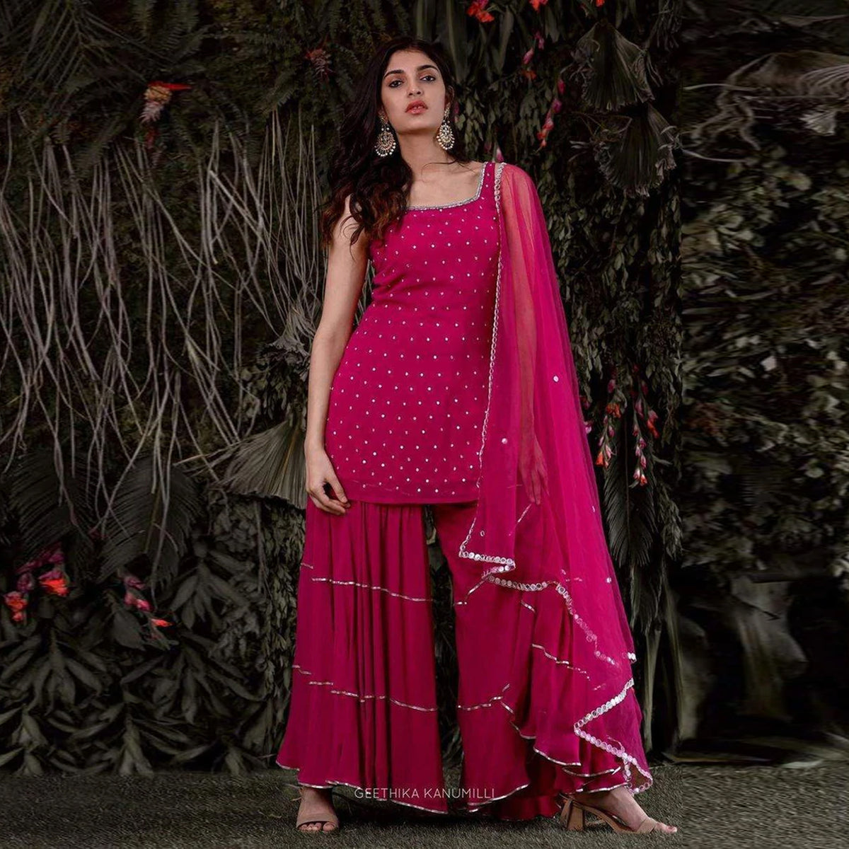 Pink Georgette Sharara set with Mukesh work Dupatta ClothsVilla Main image