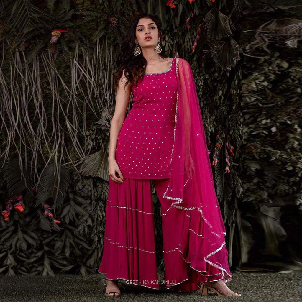 Pink Georgette Sharara set with Mukesh work Dupatta ClothsVilla