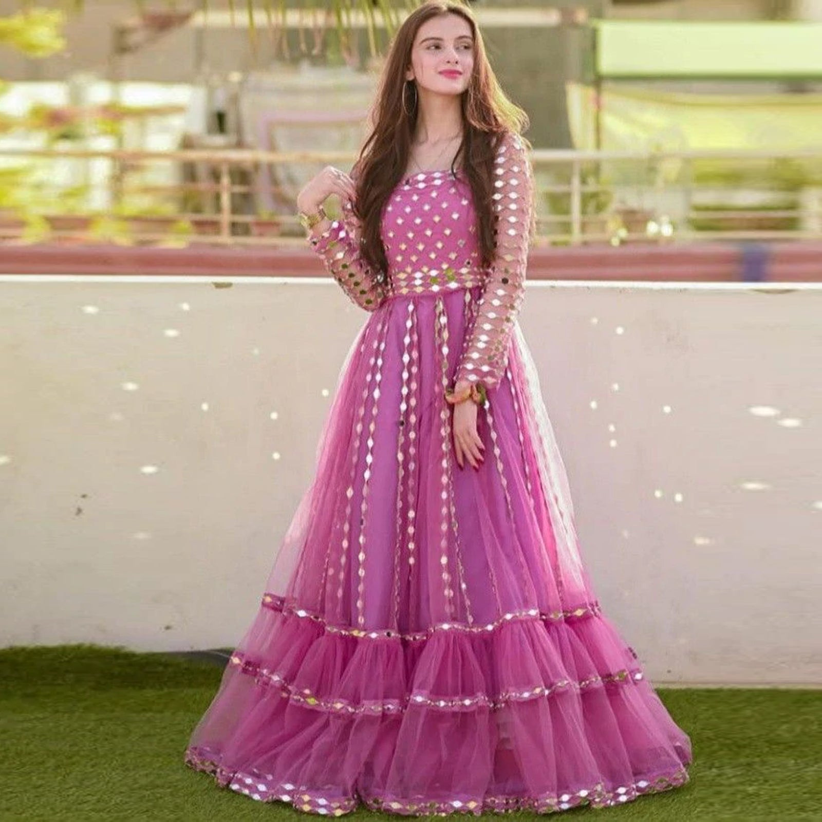 Pink Gown in Soft Net Fabrics with Heavy Foil mirror and thread work ClothsVilla
