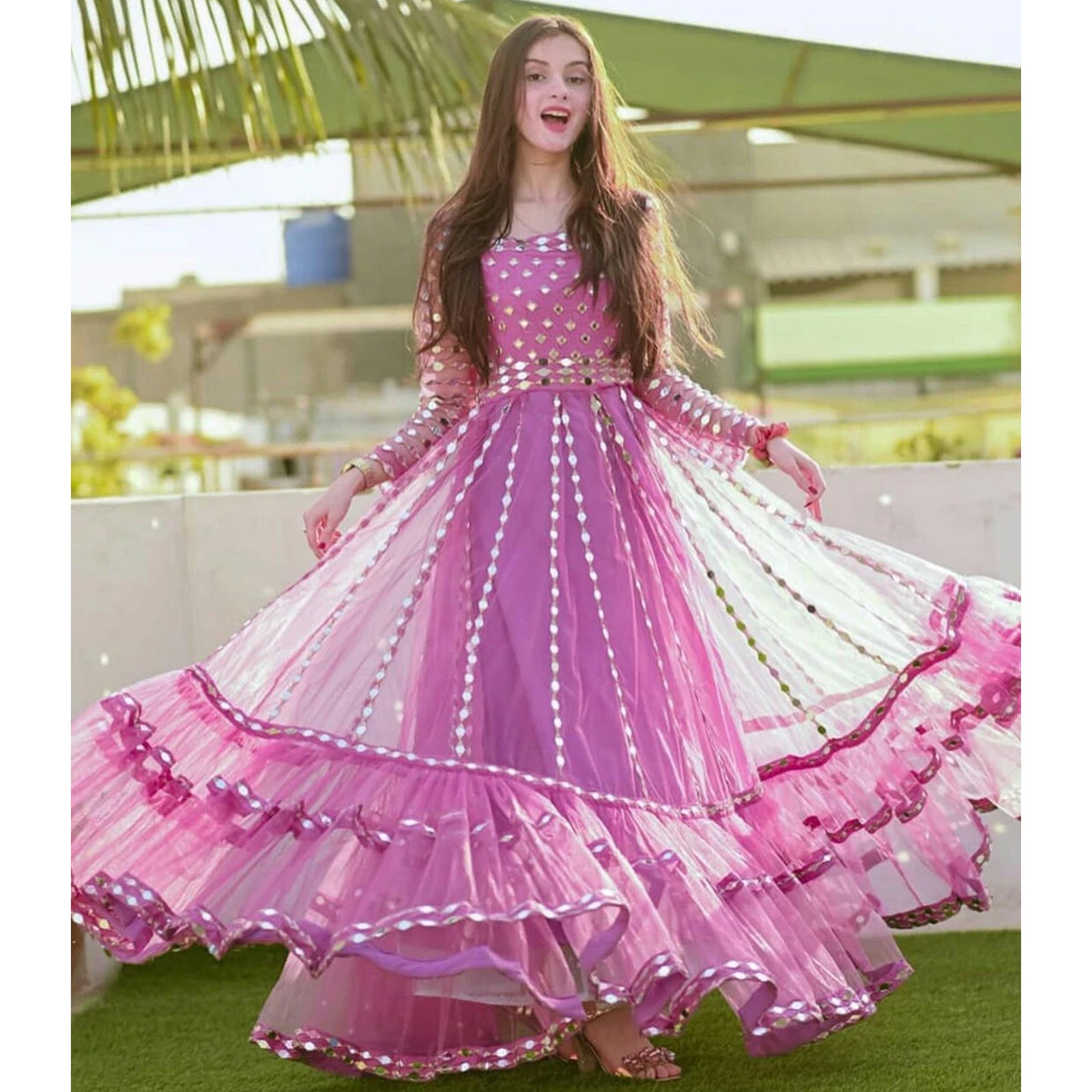 Pink Gown in Soft Net Fabrics with Heavy Foil mirror and thread work ClothsVilla