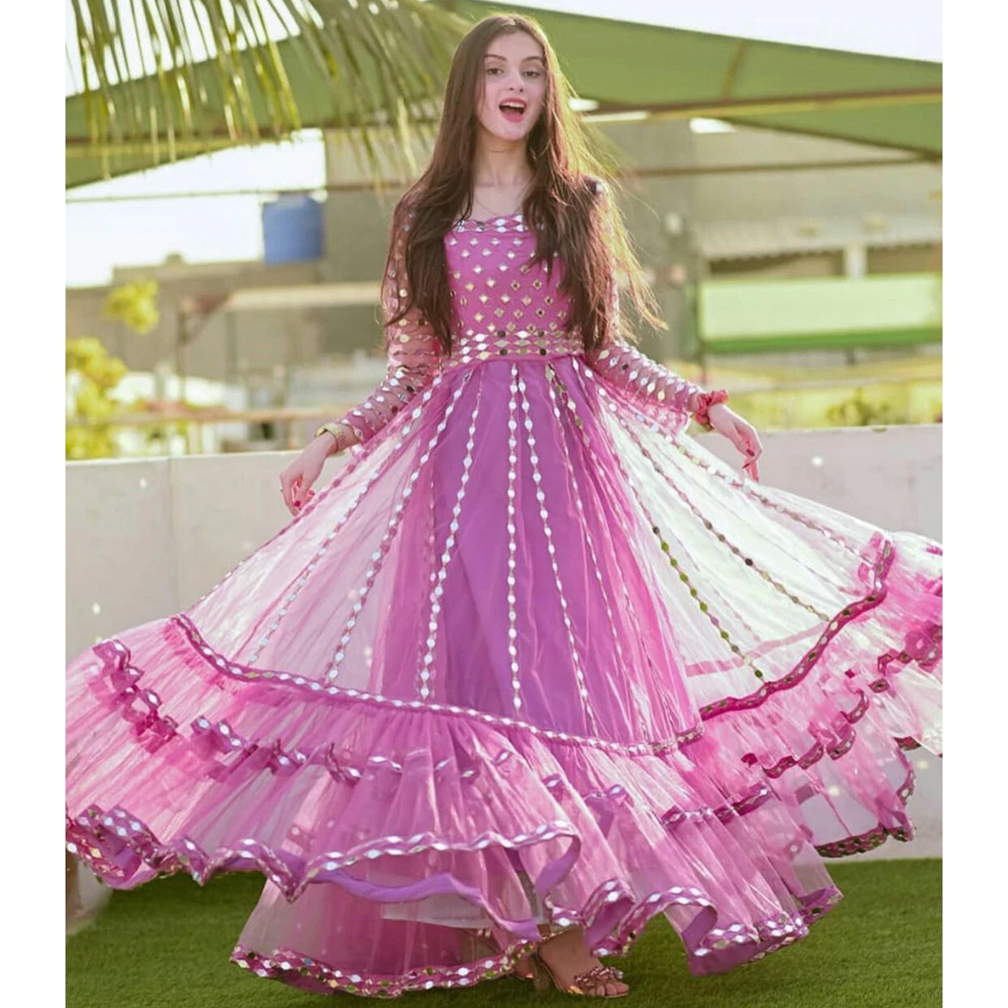 Pink Gown in Soft Net Fabrics with Heavy Foil mirror thread