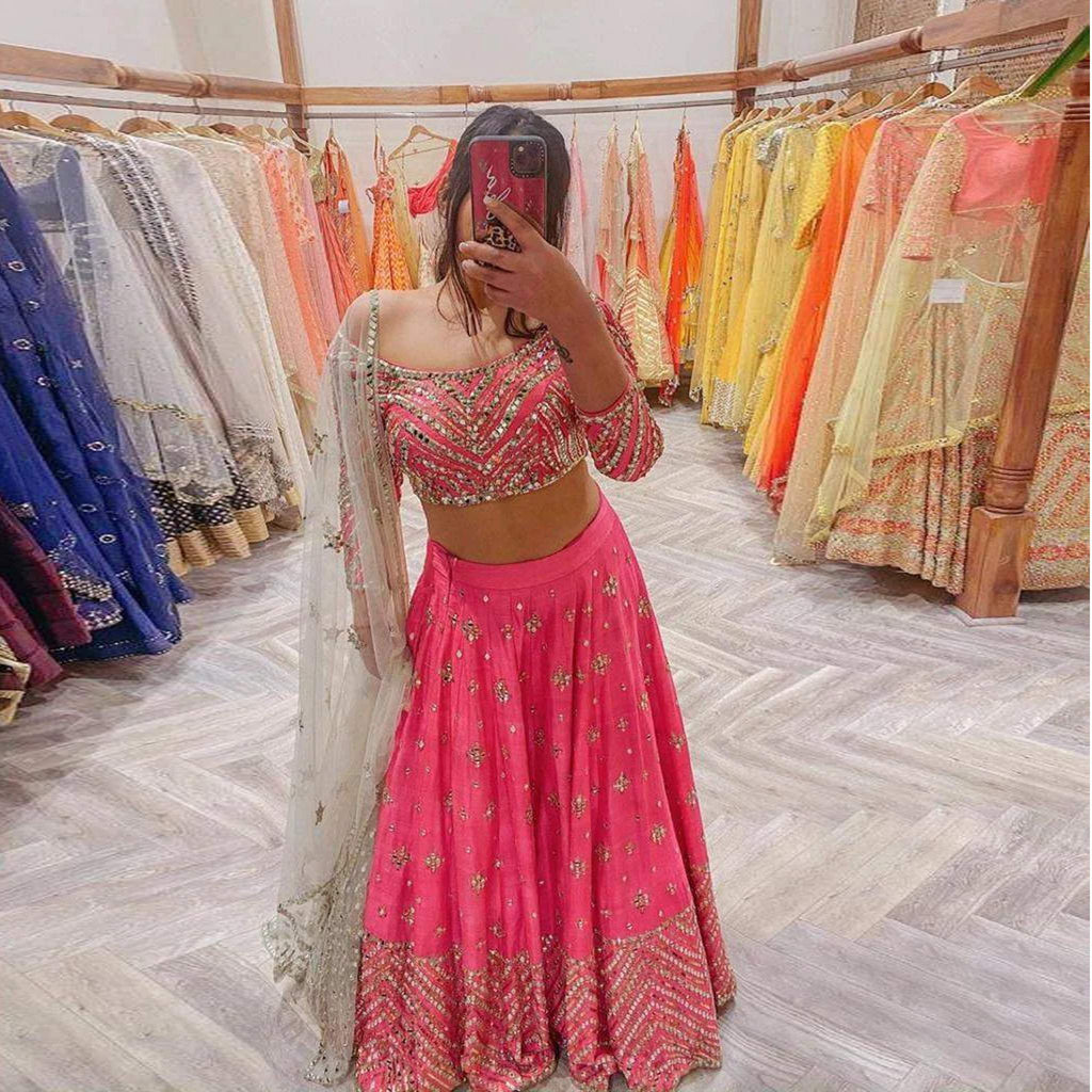 Pink Lehenga Choli in Silk with Embroidery Work for Wedding ClothsVilla