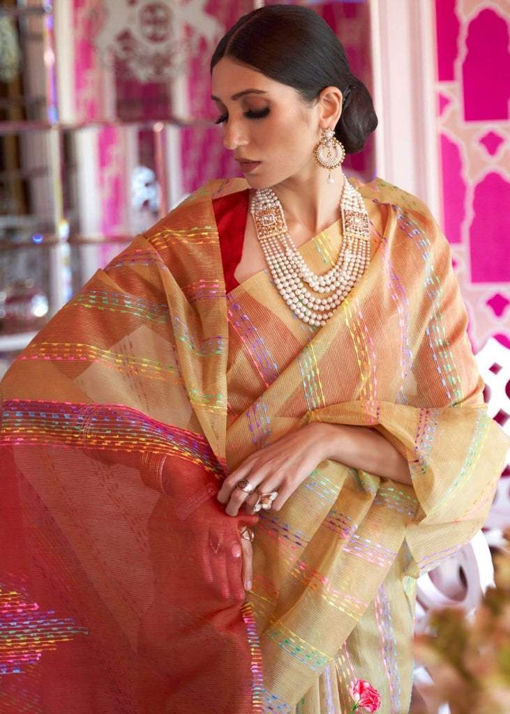 Fawn Silk Multithread Weaving Saree Clothsvilla