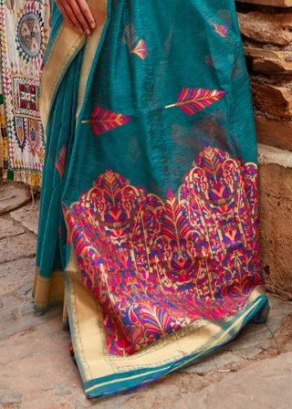 Pine Green Linen Silk Saree with Colorful Weaving work Clothsvilla