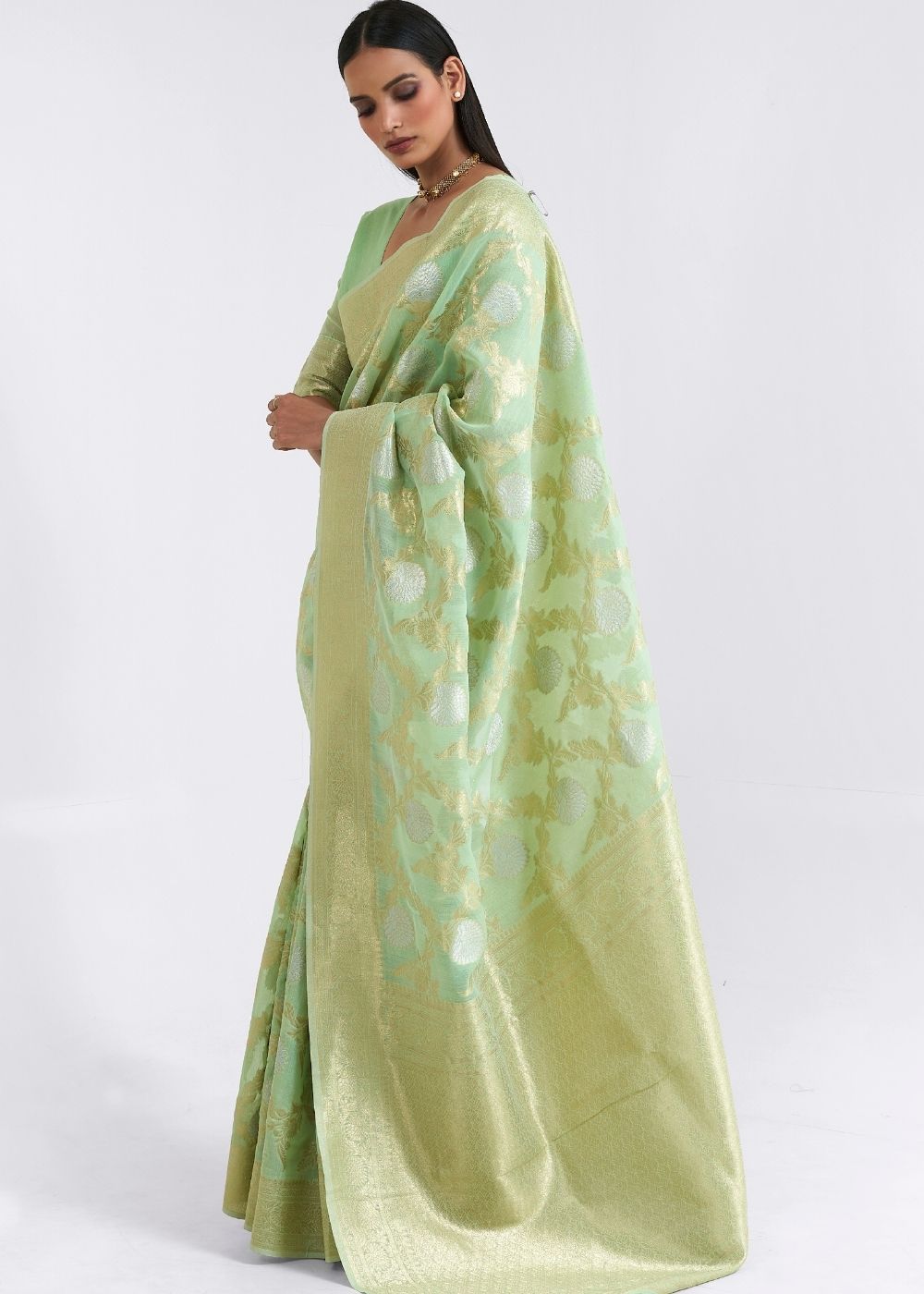 Mint Green Zari Woven Linen Silk Saree Clothsvilla Main image