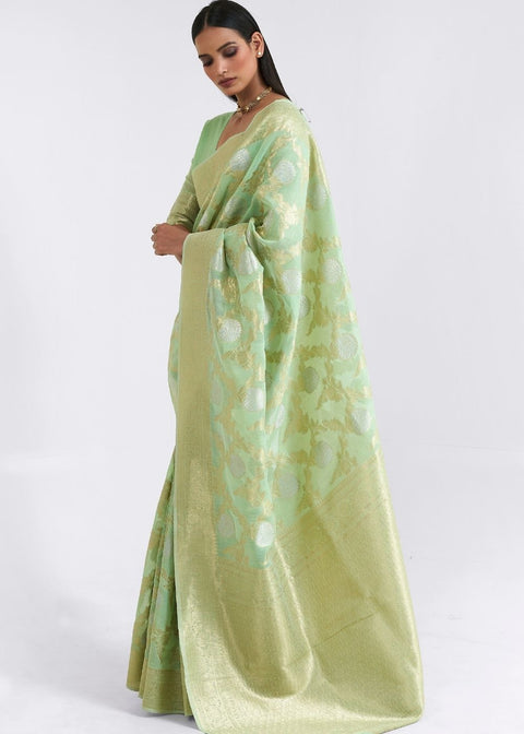 Mint Green Zari Woven Linen Silk Saree Clothsvilla Main image