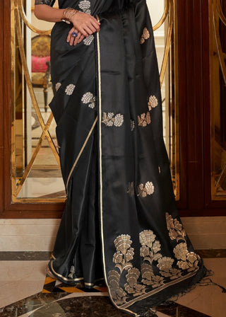 Midnight Black Designer Satin Silk Saree Clothsvilla