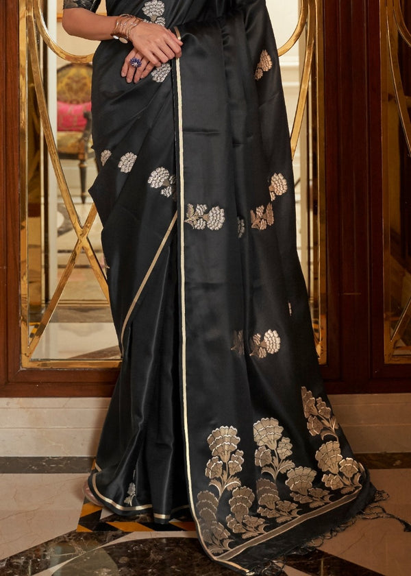 Midnight Black Designer Satin Silk Saree Clothsvilla