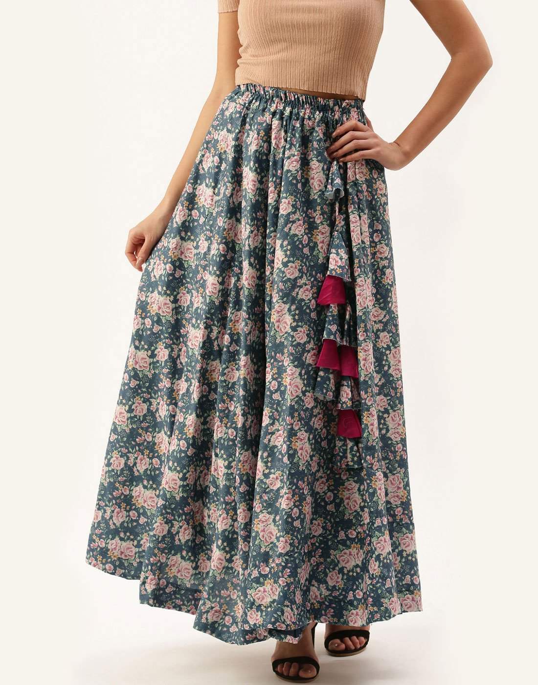 Grey Color Rayon Cotton Skirt with Digital Flowers Print ClothsVilla