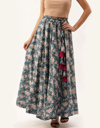 Grey Color Rayon Cotton Skirt with Digital Flowers Print ClothsVilla