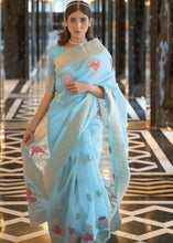 Load image into Gallery viewer, Maya Blue Zari Woven Linen Silk Saree Clothsvilla