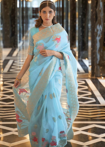 Maya Blue Zari Woven Linen Silk Saree Clothsvilla