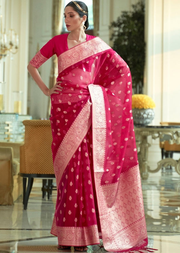 Ruby Pink Zari Woven Organza Silk Saree Clothsvilla