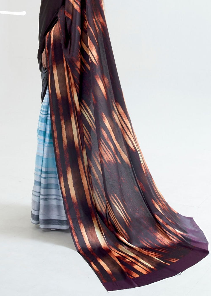 Hickory Brown & Blue Satin Silk Digital Printed Saree Clothsvilla
