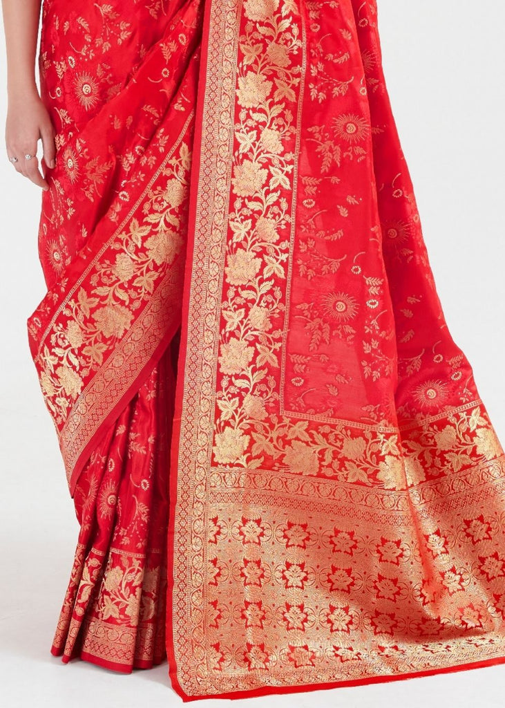 Candy Red Zari Woven Banarasi Silk Saree Clothsvilla