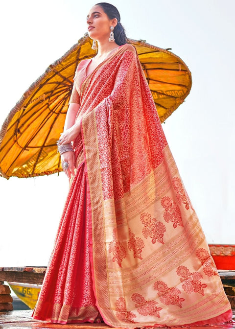 Crimson Red and Golden Blend Banarasi Woven Satin Silk Saree Clothsvilla Main image