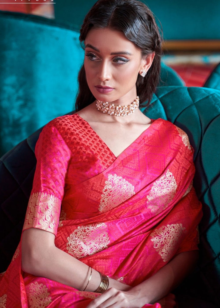 Hot Pink Satin Silk Saree with overall Golden Butti Clothsvilla