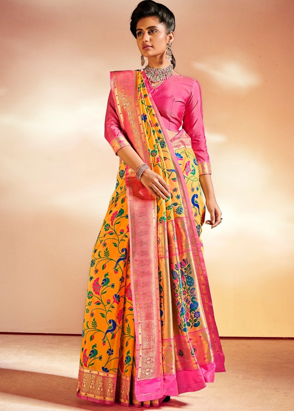 Saffron Yellow Woven Banarasi Paithani Silk Saree Clothsvilla