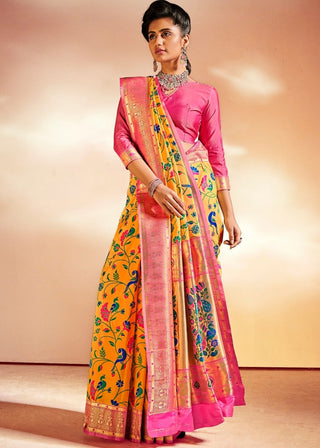 Saffron Yellow Woven Banarasi Paithani Silk Saree Clothsvilla