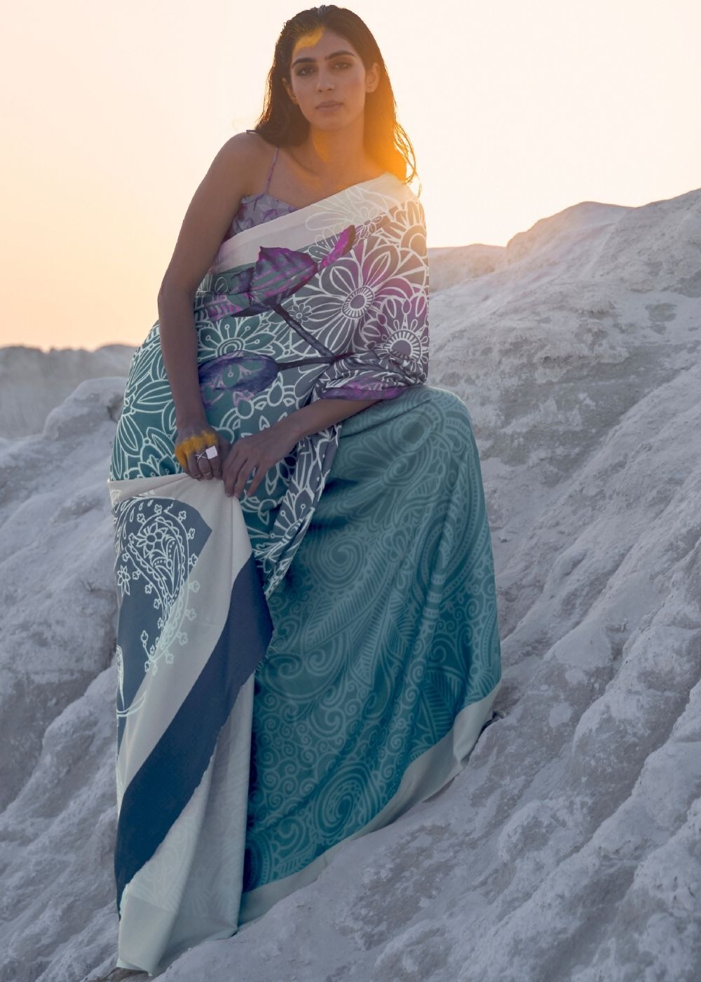 Cerulean Blue and Violet Digital Printed Crepe Silk Saree Secondary image