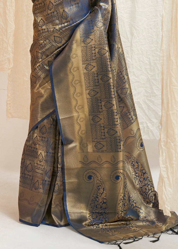 Lapis Blue & Golden Blend Kanjivaram Silk Saree Clothsvilla