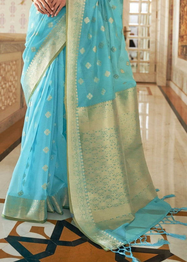 Arctic Blue Zari Woven Linen Silk Saree Clothsvilla