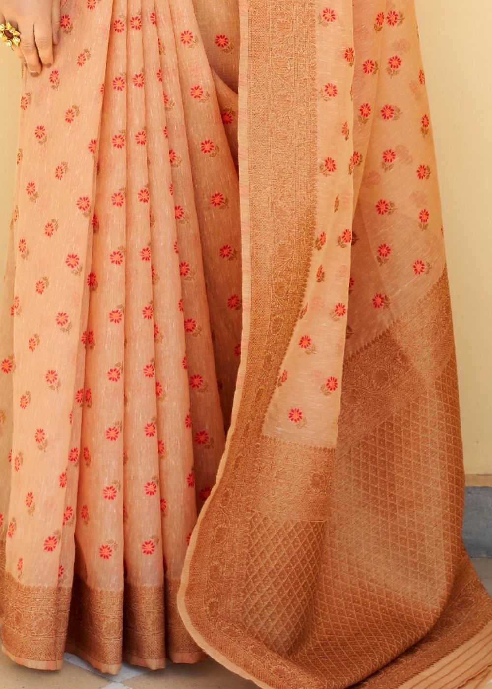 Cantaloupe Orange Pure Linen Woven Silk Saree with Zari work on Border and Pallu Clothsvilla