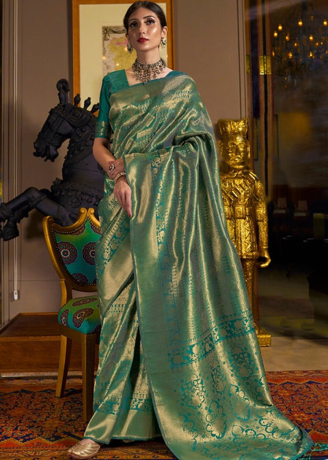 Dark Green and Golden Blend Kanjivaram Soft Woven Silk Saree Clothsvilla Main image