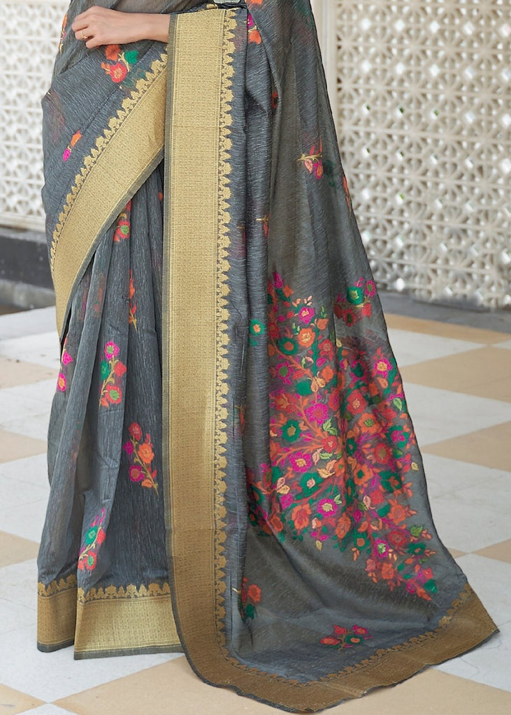 Iron Grey Floral Embroidered Linen Silk Saree Clothsvilla