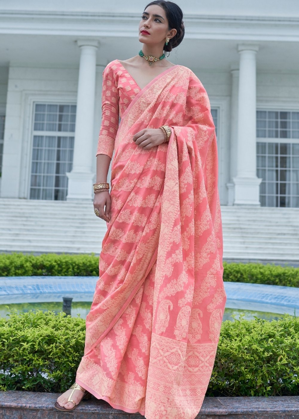 Taffy Pink Lucknowi Chikankari Weaving Silk Saree Clothsvilla Main image