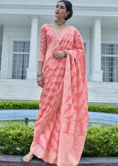 Taffy Pink Lucknowi Chikankari Weaving Silk Saree Clothsvilla Main image