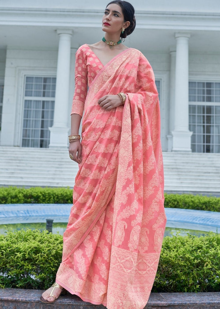 Taffy Pink Lucknowi Chikankari Weaving Silk Saree Clothsvilla