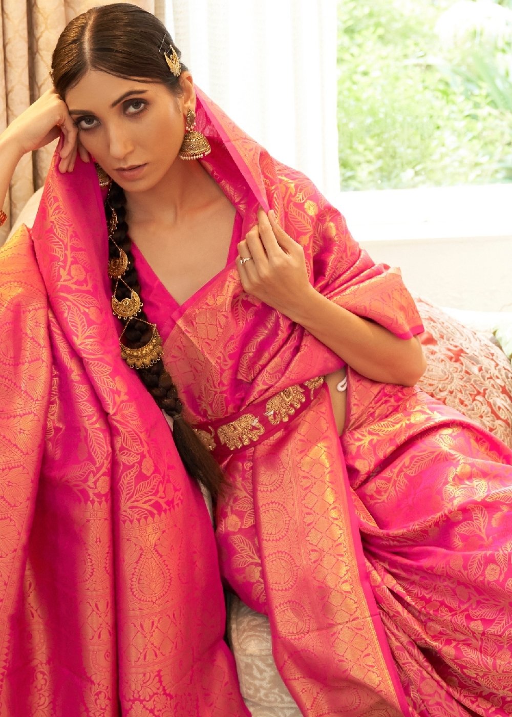 Hot Pink Zari Woven Kanjivaram Silk Saree with Tassels on Pallu Clothsvilla