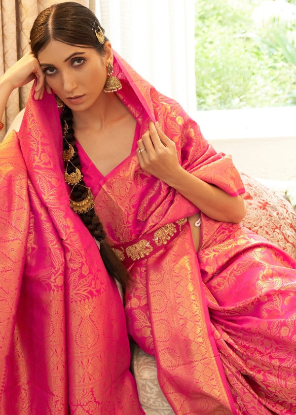 Hot Pink Zari Woven Kanjivaram Silk Saree with Tassels on Pallu Clothsvilla