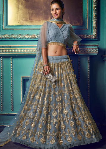 Pewter Grey Designer Soft Net Lehenga Choli with Sequin work and Ruffles Sleeves Clothsvilla