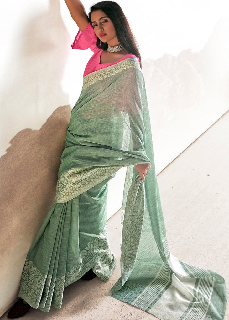 Viridian Green Soft Linen Silk Saree with Lucknowi work and Sequence Blouse Clothsvilla