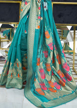 Load image into Gallery viewer, Ocean Blue Zari Woven Floral Art Silk Saree Clothsvilla