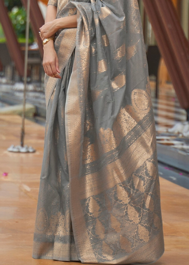 Lava Grey Zari Woven Silk Saree with Sequins work Clothsvilla