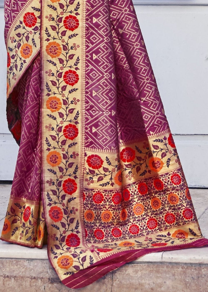 Begonia Pink and Golden Blend Silk Saree with Floral Woven Border and Pallu Clothsvilla
