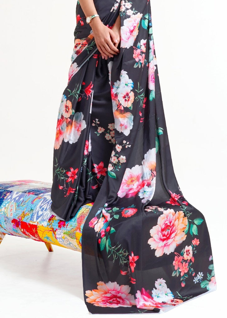 Raven Black Digital Printed Satin Crepe Saree Clothsvilla