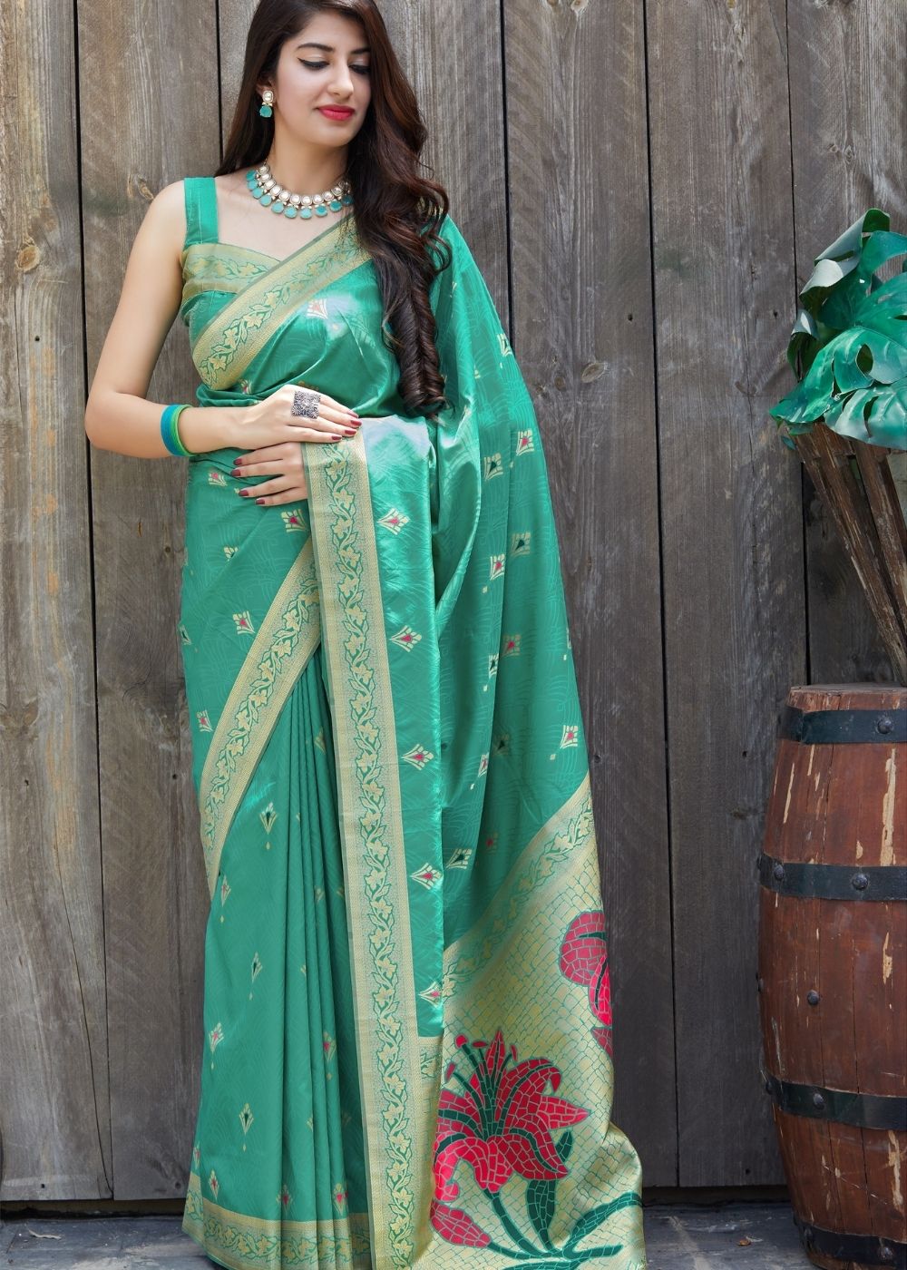 Green Silk Saree with Golden Zari Border Clothsvilla