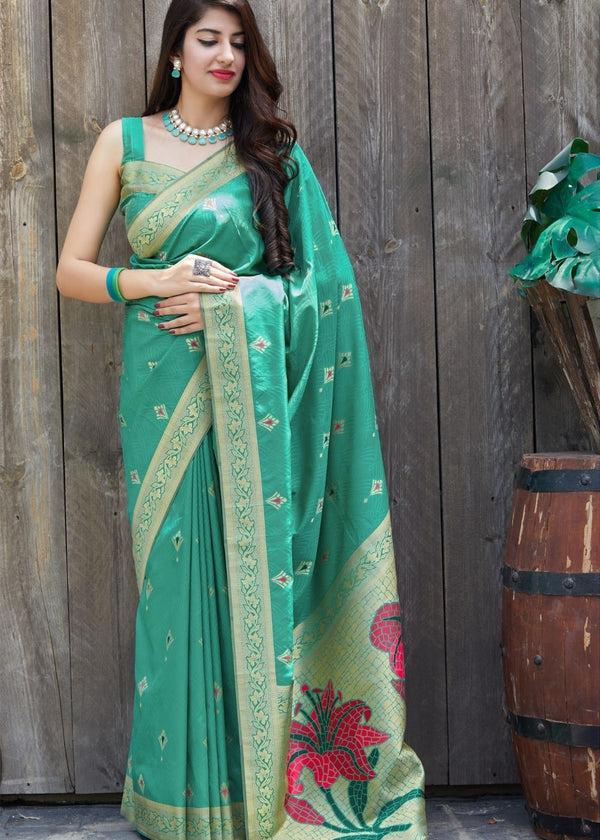 Green Silk Saree with Golden Zari Border Clothsvilla