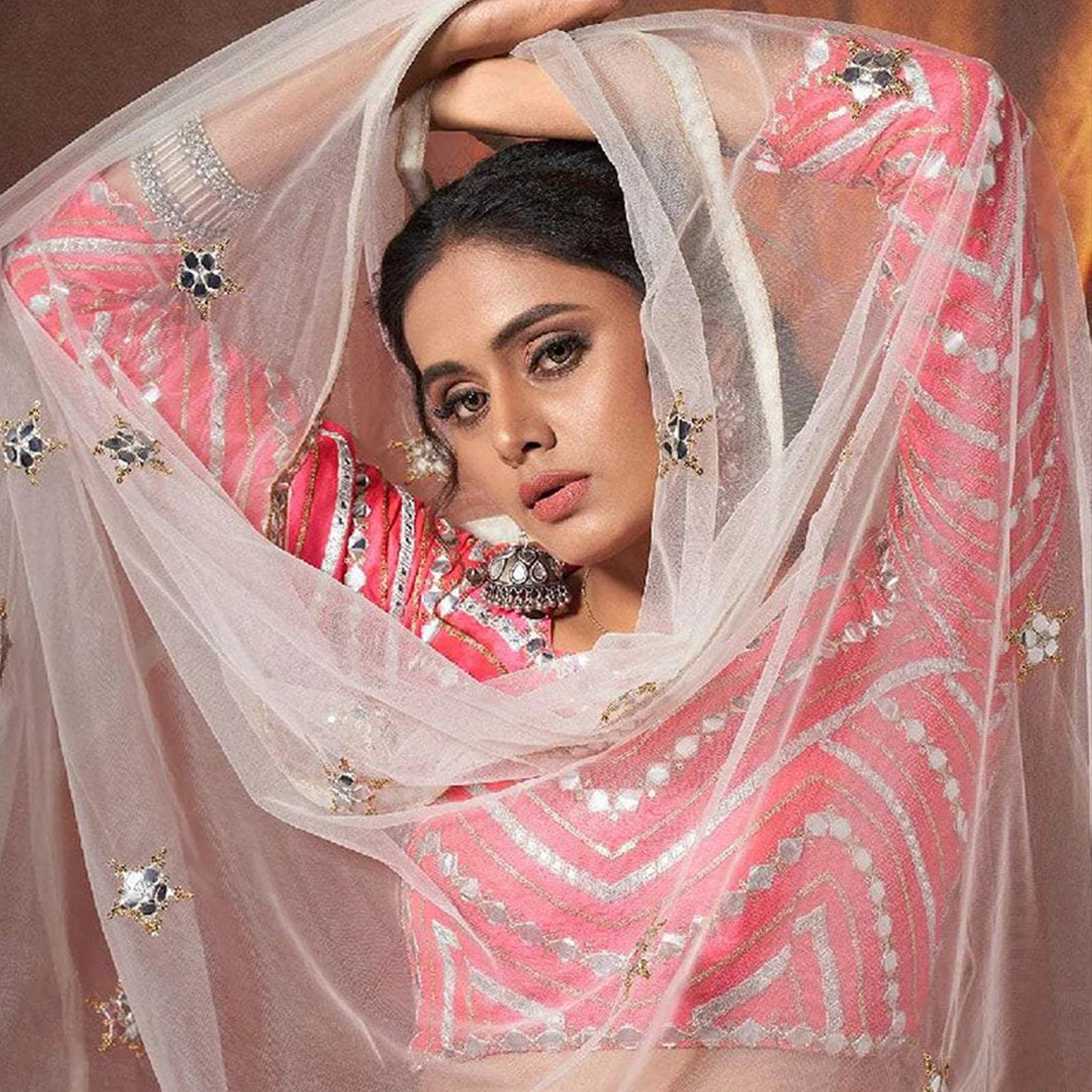 Pink Lehenga Choli in Silk with Zari and Mirror Work ClothsVilla
