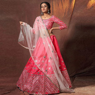 Pink Lehenga Choli in Silk with Zari and Mirror Work ClothsVilla