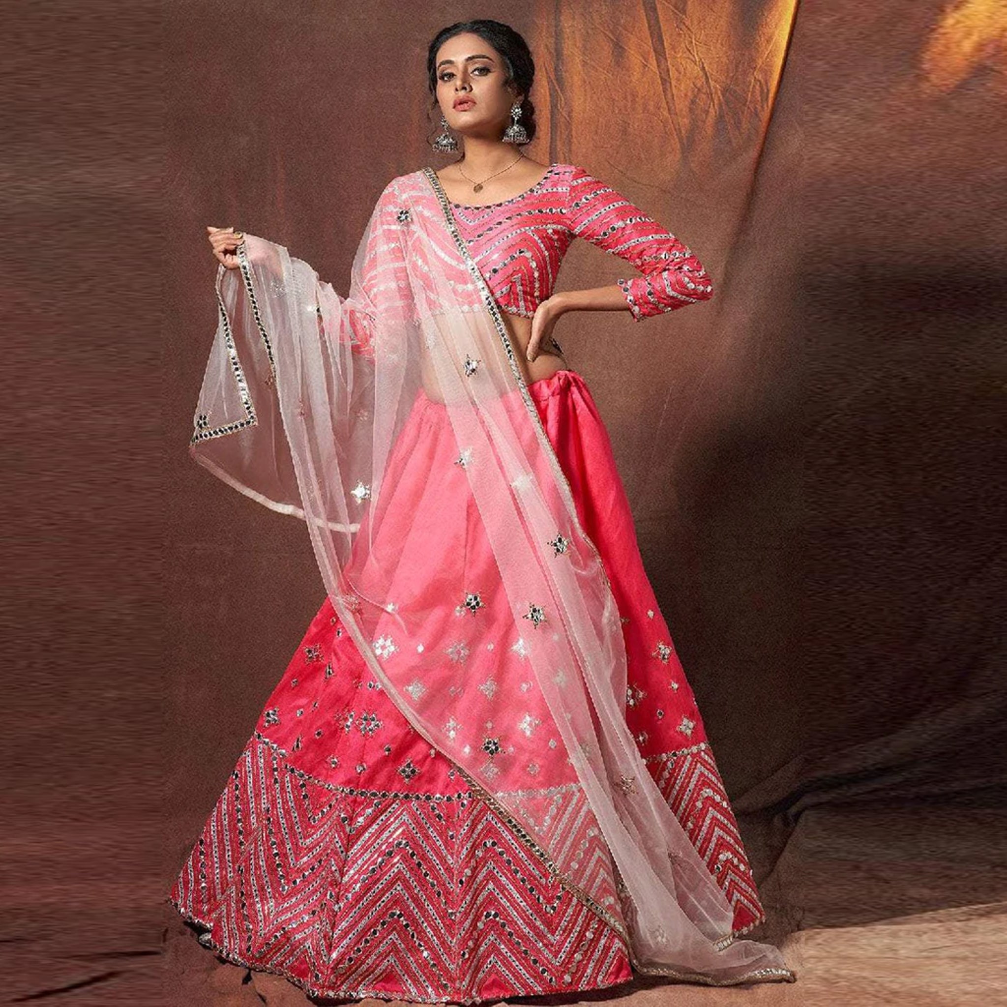 Pink Lehenga Choli in Silk with Zari and Mirror Work ClothsVilla