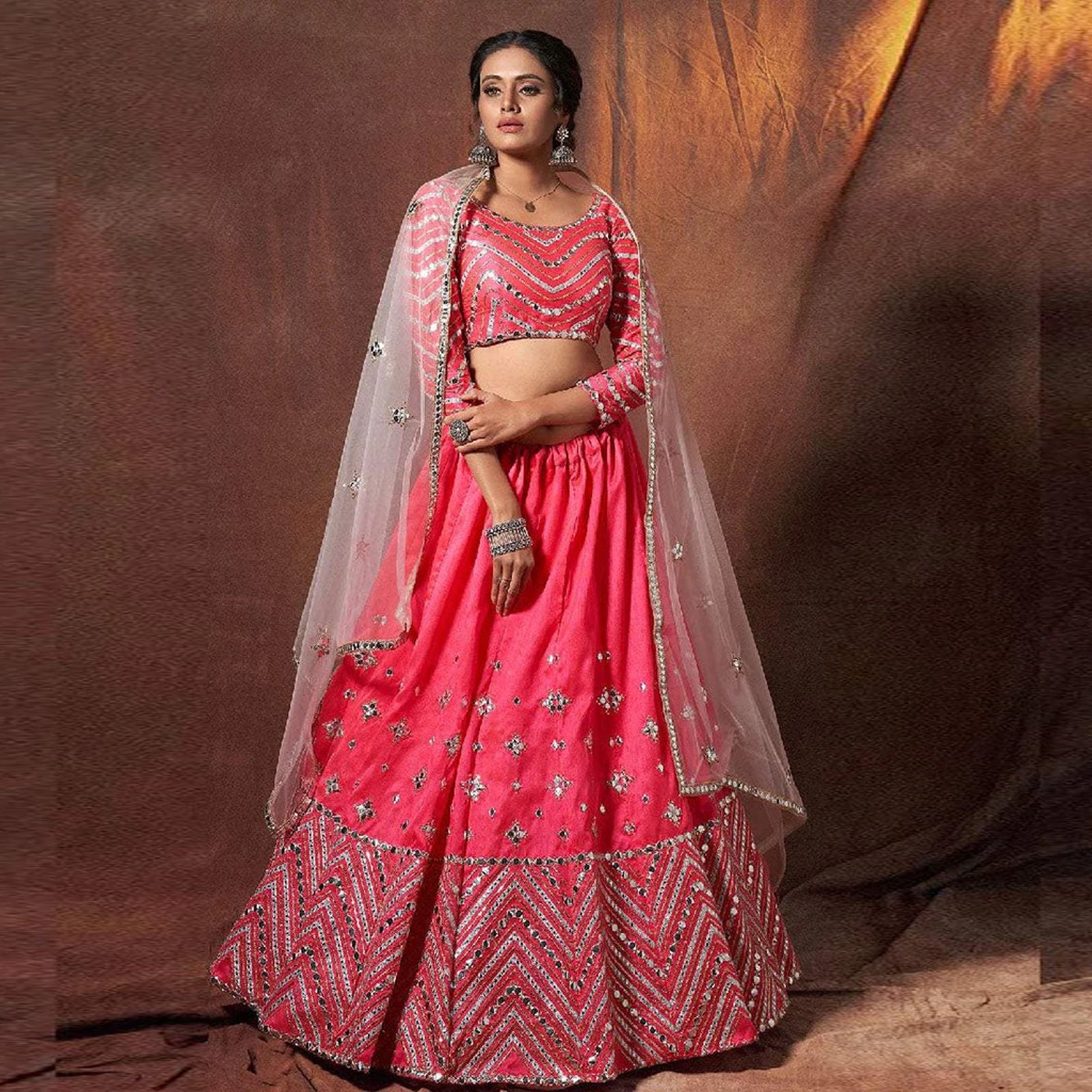 Pink Lehenga Choli in Silk with Zari and Mirror Work ClothsVilla