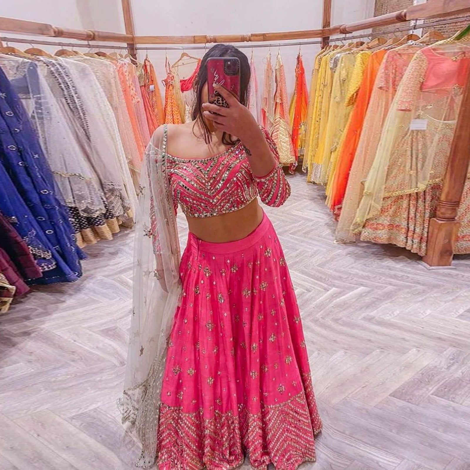 Pink Lehenga Choli in Silk with Zari and Mirror Work ClothsVilla