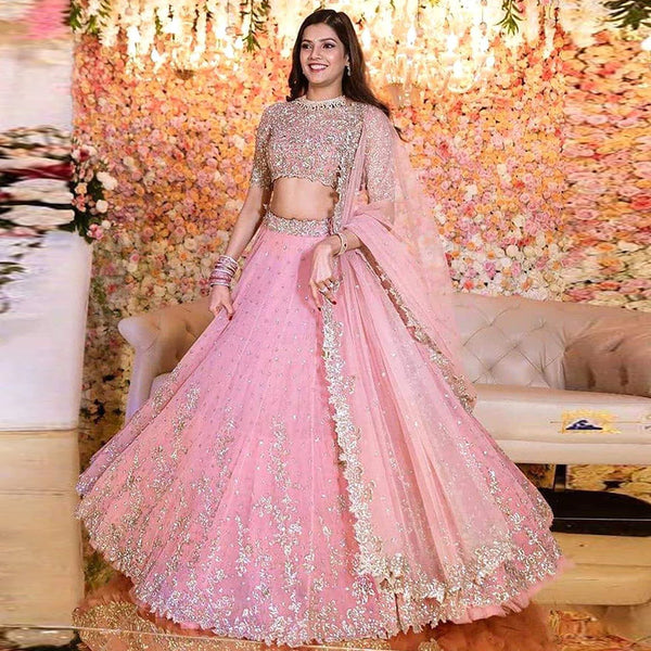 SILVER AND PINK LEHENGA WITH A BLOUSE AND DUPATTA