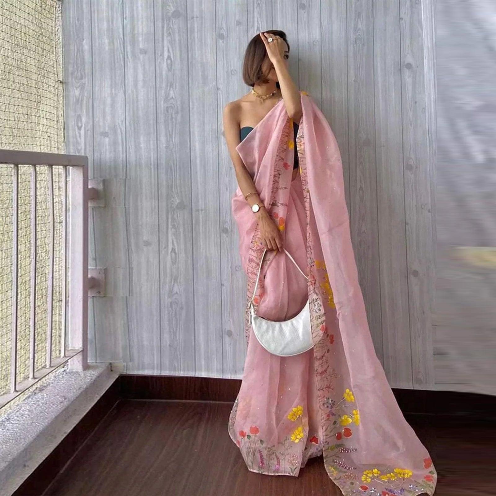 Pink Organza Silk Saree with Beautiful Floral Handprint Karanda Handwork Tikki Plain Blouse for Wedding ClothsVilla